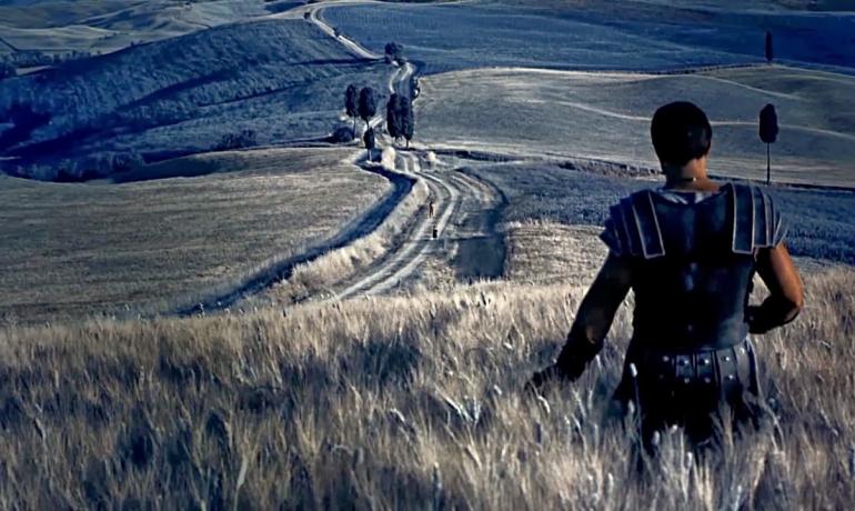 Gepanzerter Krieger geht durch ein Feld zum Horizont.